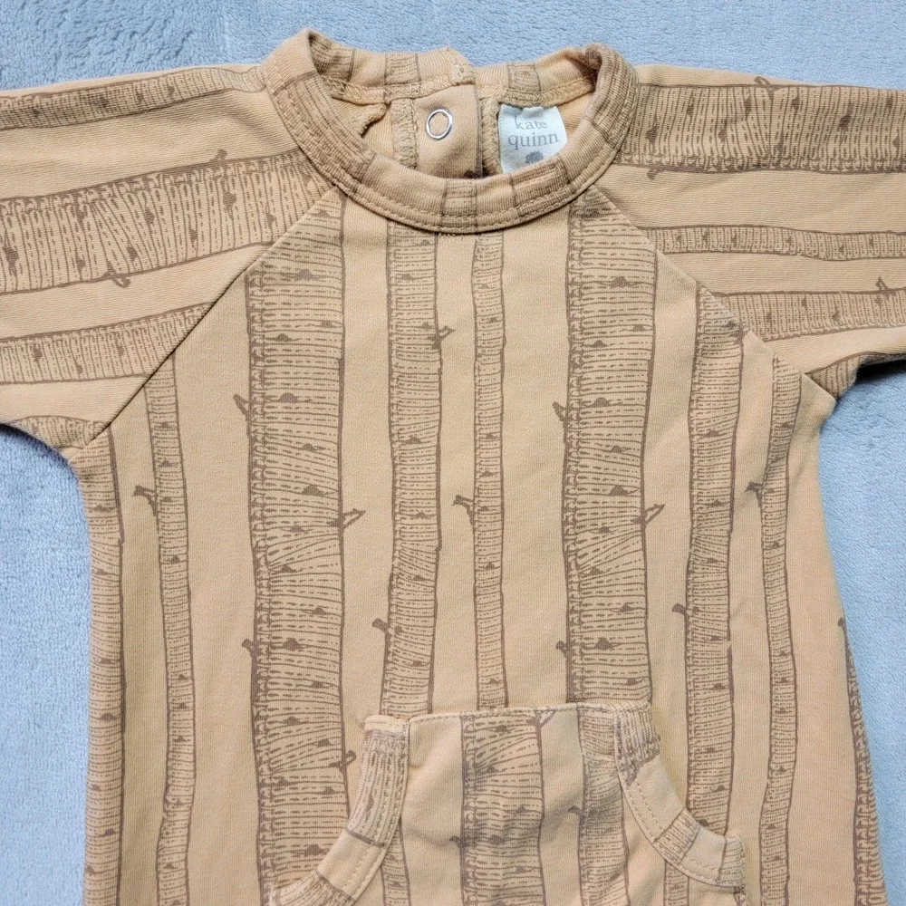 Kate Quinn 0-3M Organic Cotton Birch Tree Print Long Sleeve Romper Tan Brown